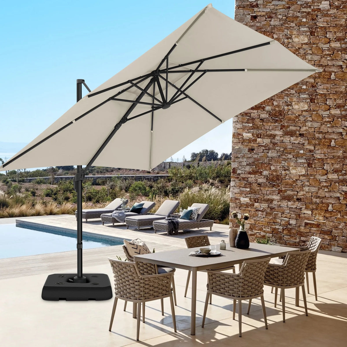 HOTEEL 10 Ft Patio Umbrella Outdoor Cantilever Square Umbrella Aluminum Offset Umbrella with Base, 360° Rotation，Gray