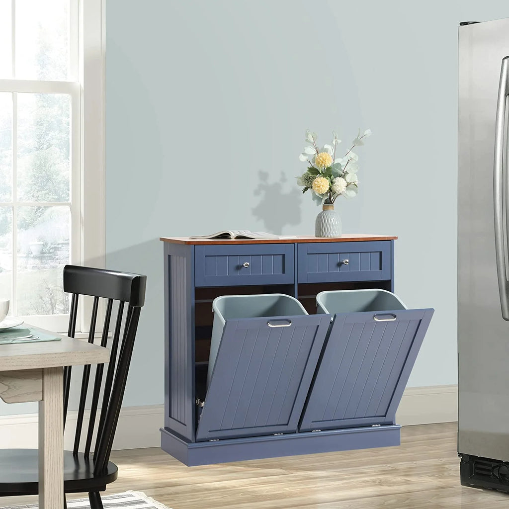 KIGOTY Dual Kitchen Trash Cabinet, Double Tilt Out Trash Can Cabinet with Countertop and Drawer, Free-Standing Pet Proof Recycling Cabinet Garbage Can Holder, Wood (White)