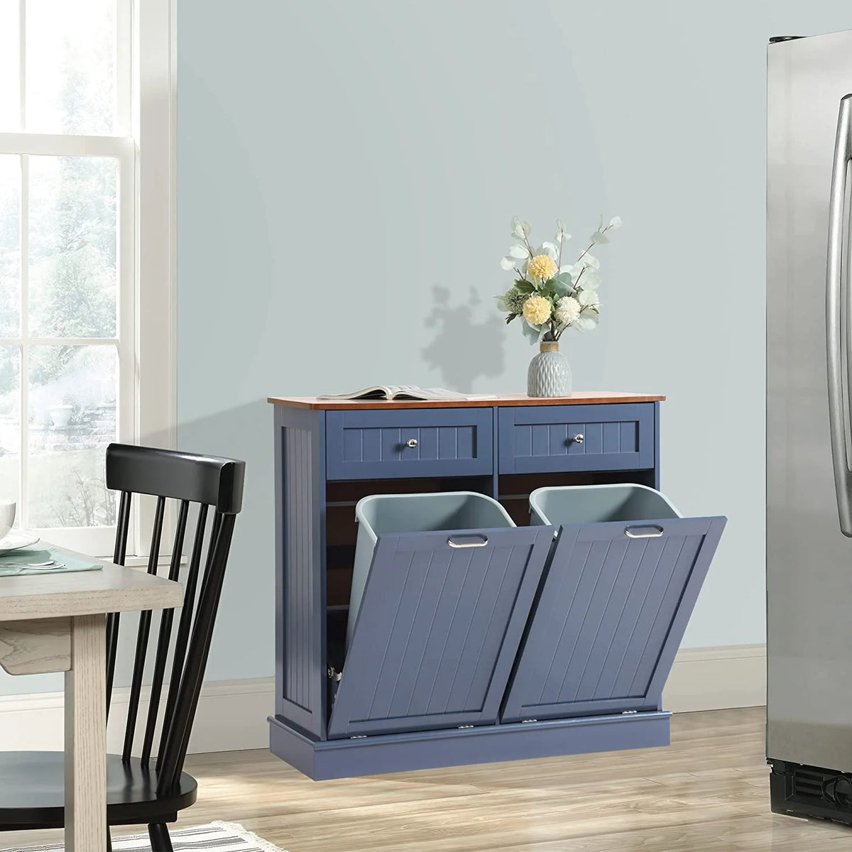 KIGOTY Dual Kitchen Trash Cabinet, Double Tilt Out Trash Can Cabinet with Countertop and Drawer, Free-Standing Pet Proof Recycling Cabinet Garbage Can Holder, Wood (White)