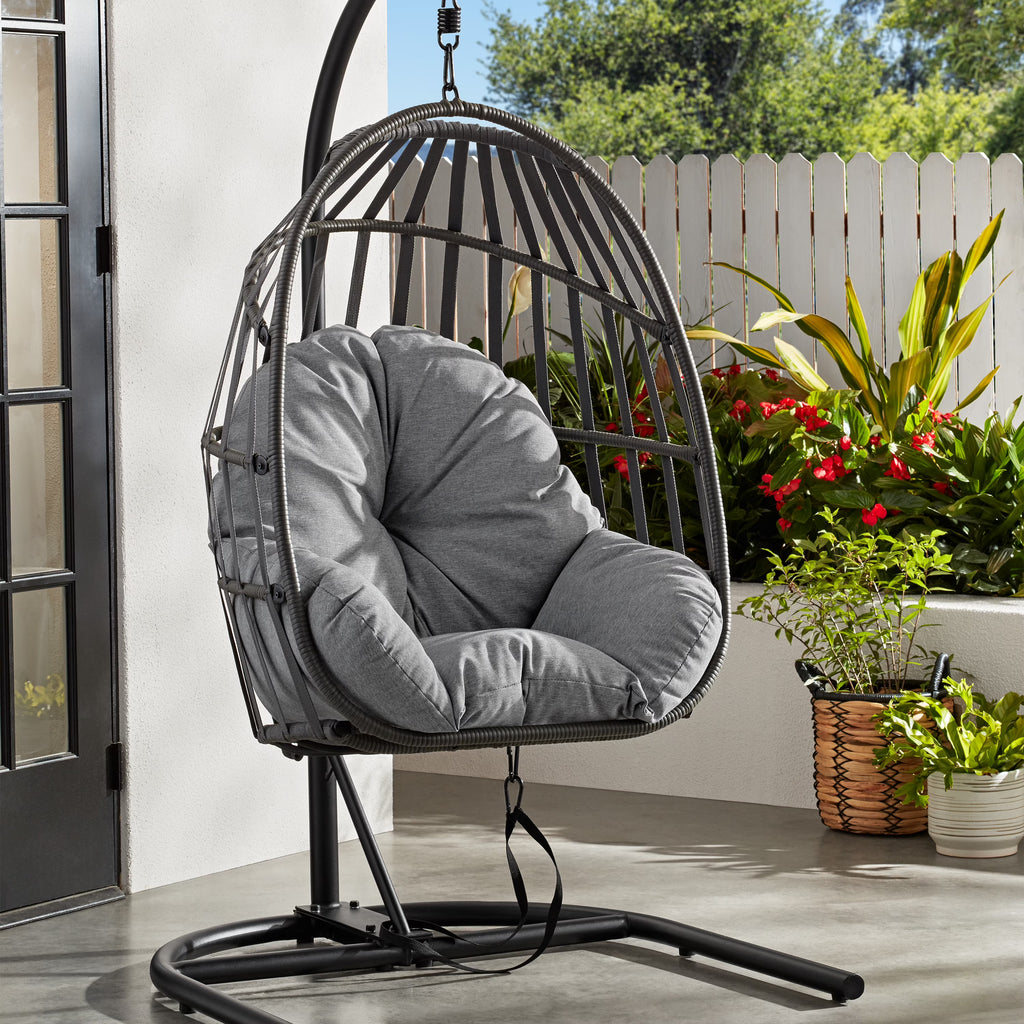 Mainstays Adult Metal Egg Hanging Chair with Beige Olefin Cushion, Black
