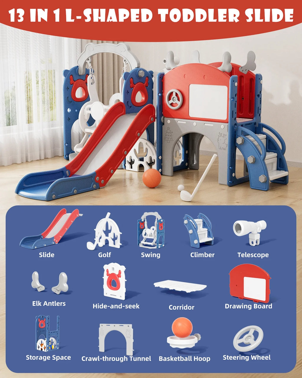KORIMEFA 13-in-1 Toddler Slide, Kids Swing and Slide for Toddlers Age 1-4, Outdoor Indoor Playground Playset for Toddlers with Basketball Hoop and Ball Playset Telescope, Blue