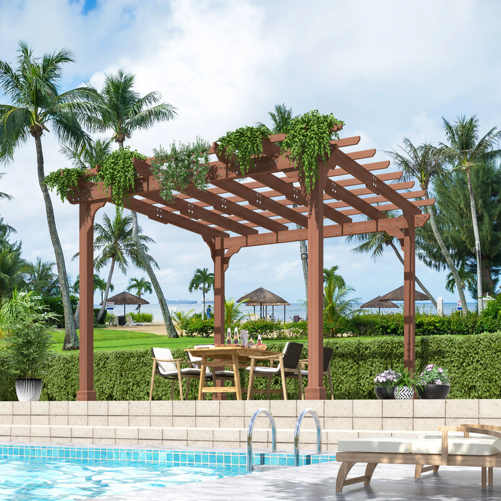 VEIKOUS 12'x10' Cedar Wood Pergola w/ Flat Roof and Ground Stakes for Outdoor Patio, Garden, Deck