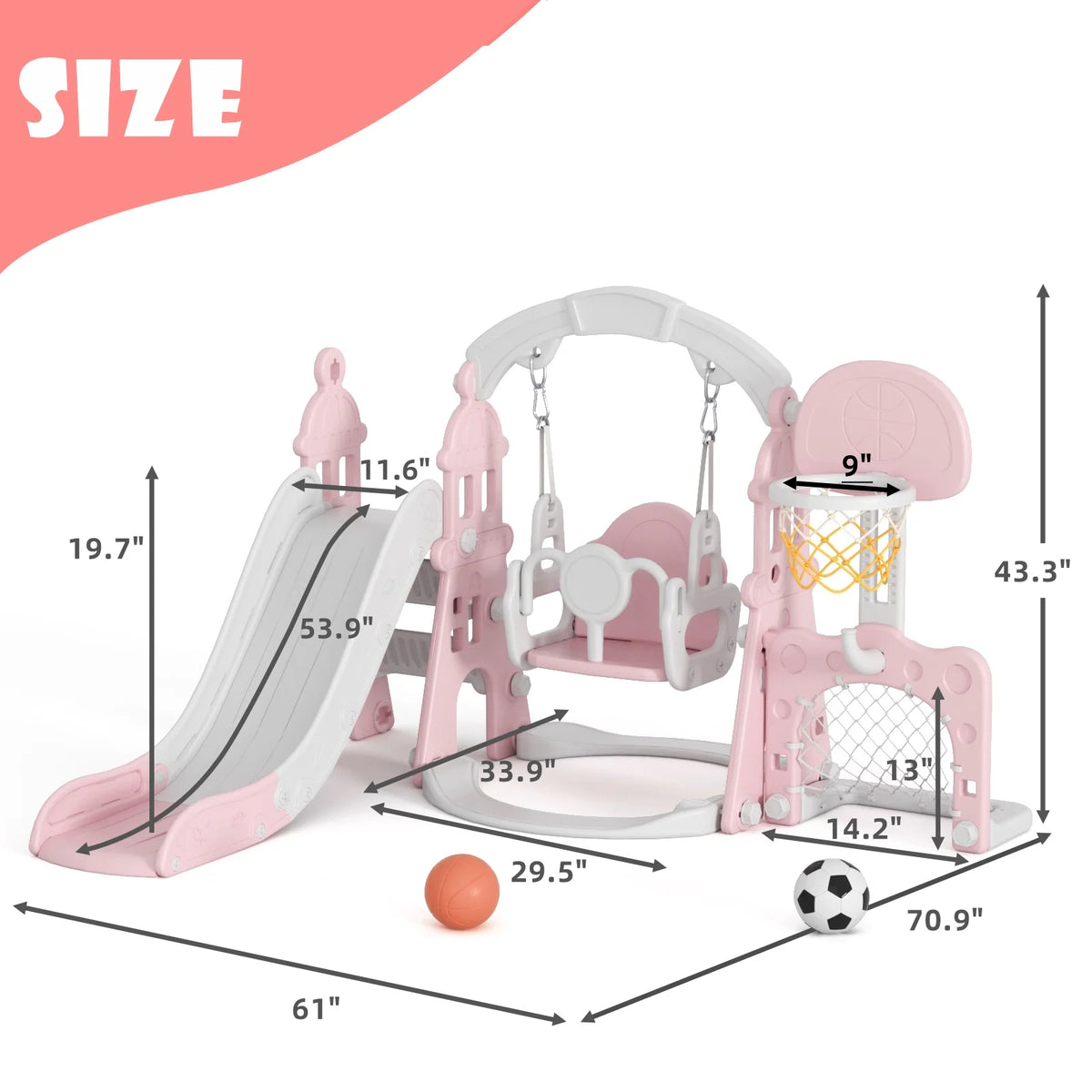 KORIMEFA 6-in-1 Kids Slide and Swing Set - Perfect for Toddlers 1-6 Years - Indoor and Outdoor Playground Slide, Swing, Basketball Hoop, and Climber Toy