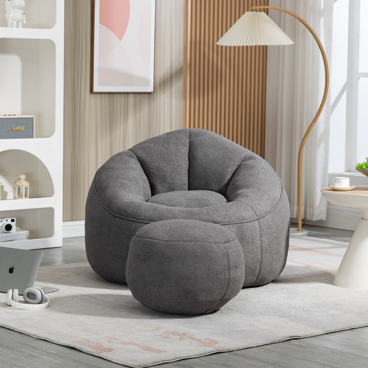 MOONMISS Microfiber Upholstered High Pressure Foam Round Lazy Bean Bag Sofa Chair with Ottoman-Gray