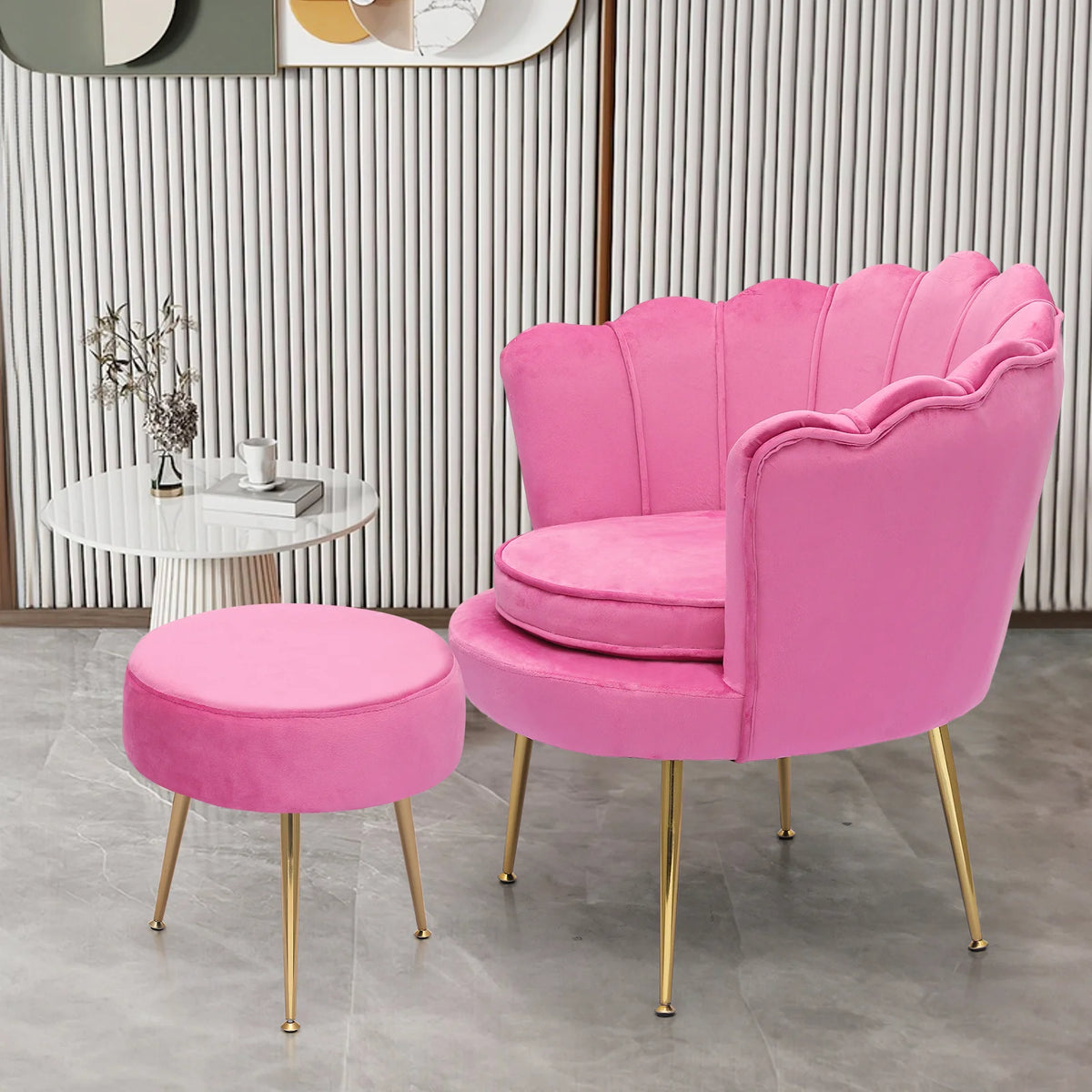 MoNiBloom Set of 2 Velvet Tufted Accent Chair with Pillow and Stool, Upholstered Modern Single Sofa Side Chair with Padded Seat and Golden Metal Legs, Living Room Armchair, Black