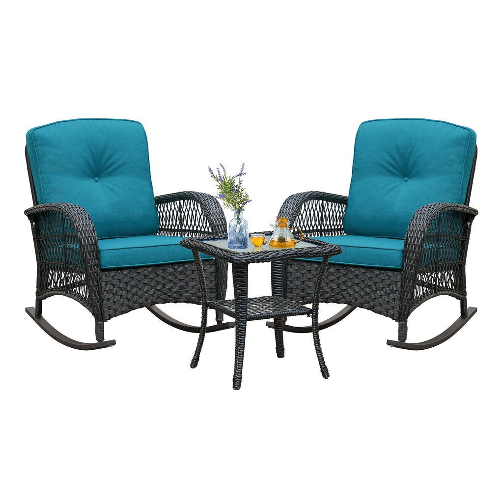 JP Outdoor 3Pcs Outdoor Wicker Rocking Porch Chairs with Coffee Table,Kahki