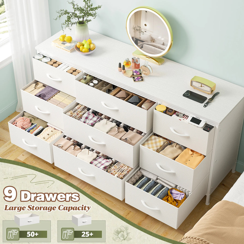Wide Dresser TV Stand with 9 Drawers Dresser for Bedroom Chests of Drawers for Living Room, Black