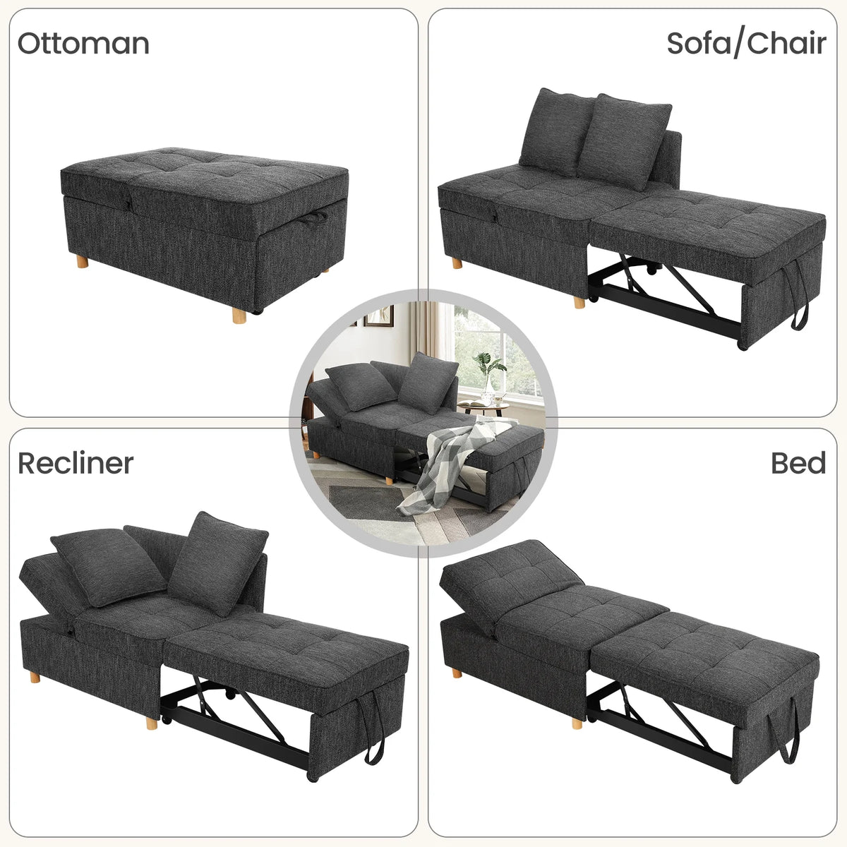 SEJOV 4-in-1 Convertible Sleeper Chair Bed, Linen Sofa Bed for Small Space, Futon Sofa with 2 Throw Pillows for Living Room, Single Recliner with 5 Adjustable Backrest for Bedroom Apartment, Brown
