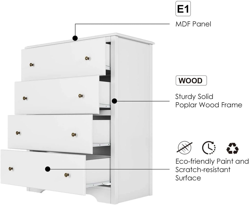 Homfa Dresser Chest, Modern Chest Organizer with 4 Drawers for Bedroom, White Finish