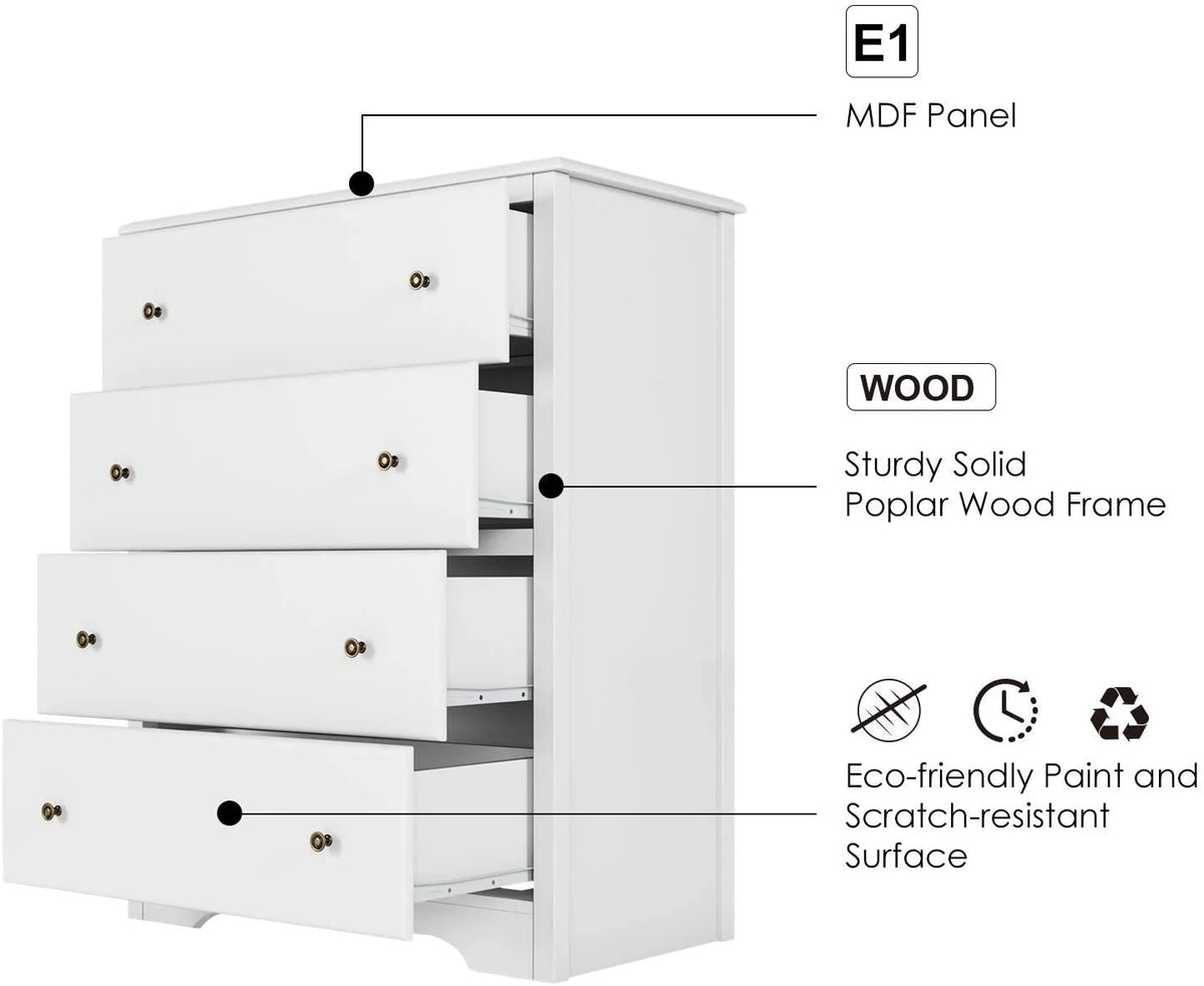 Homfa Dresser Chest, Modern Chest Organizer with 4 Drawers for Bedroom, White Finish