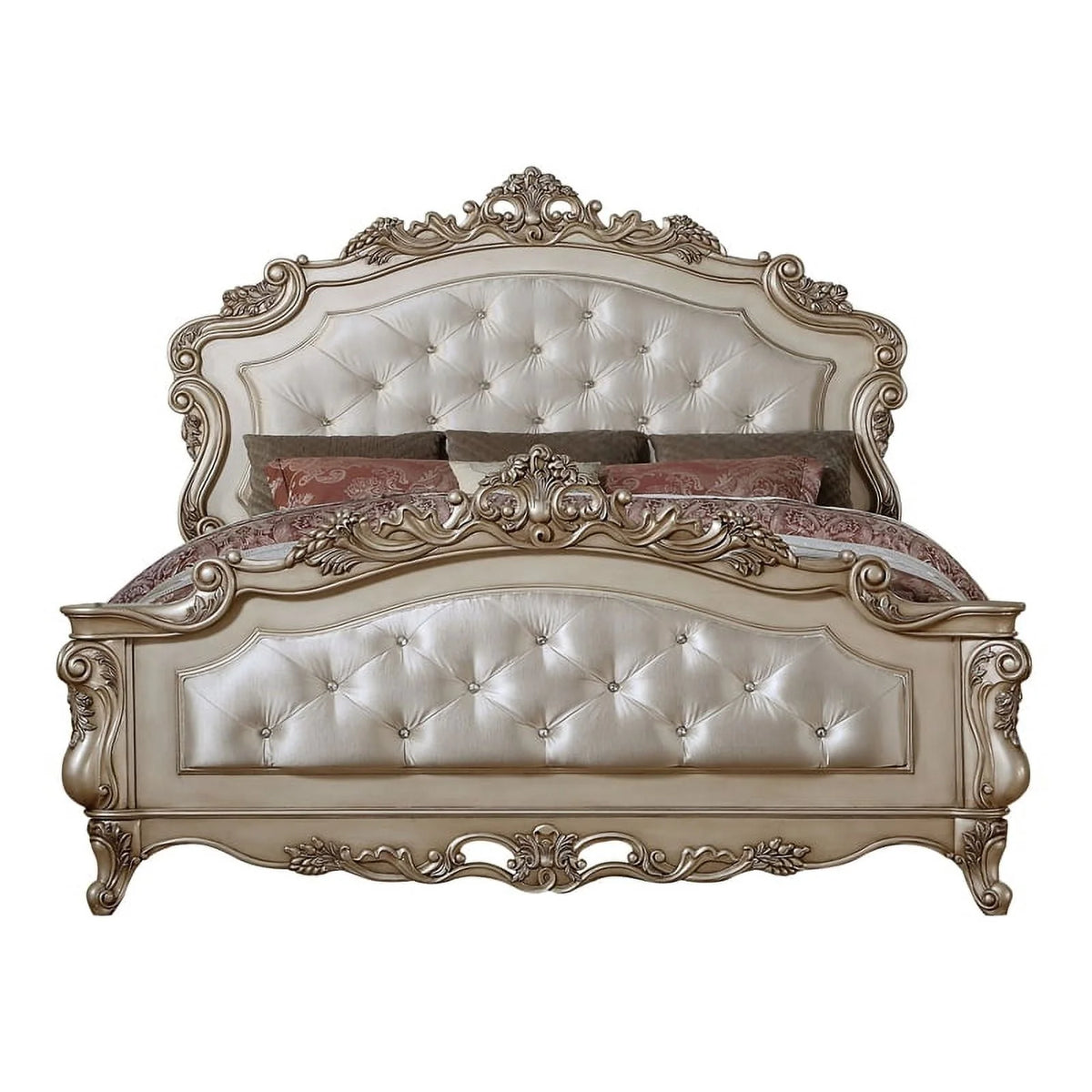 Acme Gorsedd Queen Bed in Cream Fabric and Golden Ivory