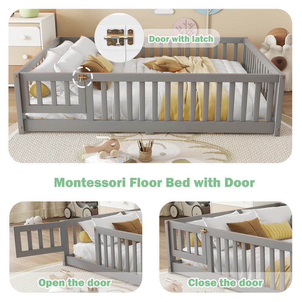 Bellemave Full Size Floor Bed with Door and Fence Floor Bed with Bed Slats Sturdy Wood Floor Bed Montessori Bed Frame (Full, Pink)