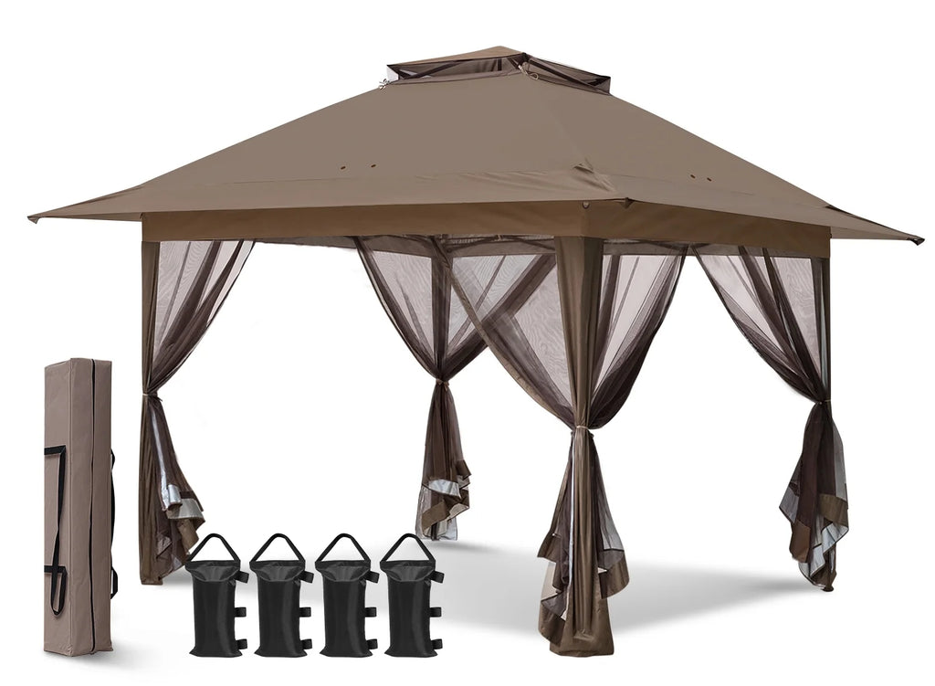 EAGLE PEAK 13' x 13' Pop-Up Gazebo Tent Instant w/Mosquito Netting，Outdoor Gazebo Canopy Easy Set-up Folding Shelter (Beige/Brown)