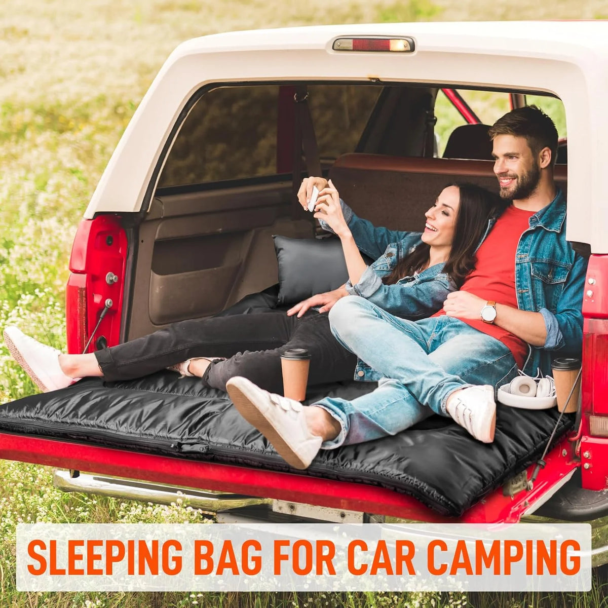Double Sleeping Bag for Adults Mens with Pillow, XL Queen Size Two Person Sleeping Bag for All Season Camping Hiking Backpacking 2 Person Sleeping Bags for Cold Weather & Warm