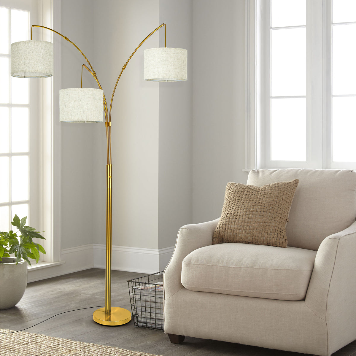 Netin 80 3-Light Modern Dimmable Black Arc Floor Lamp with Beige Shades