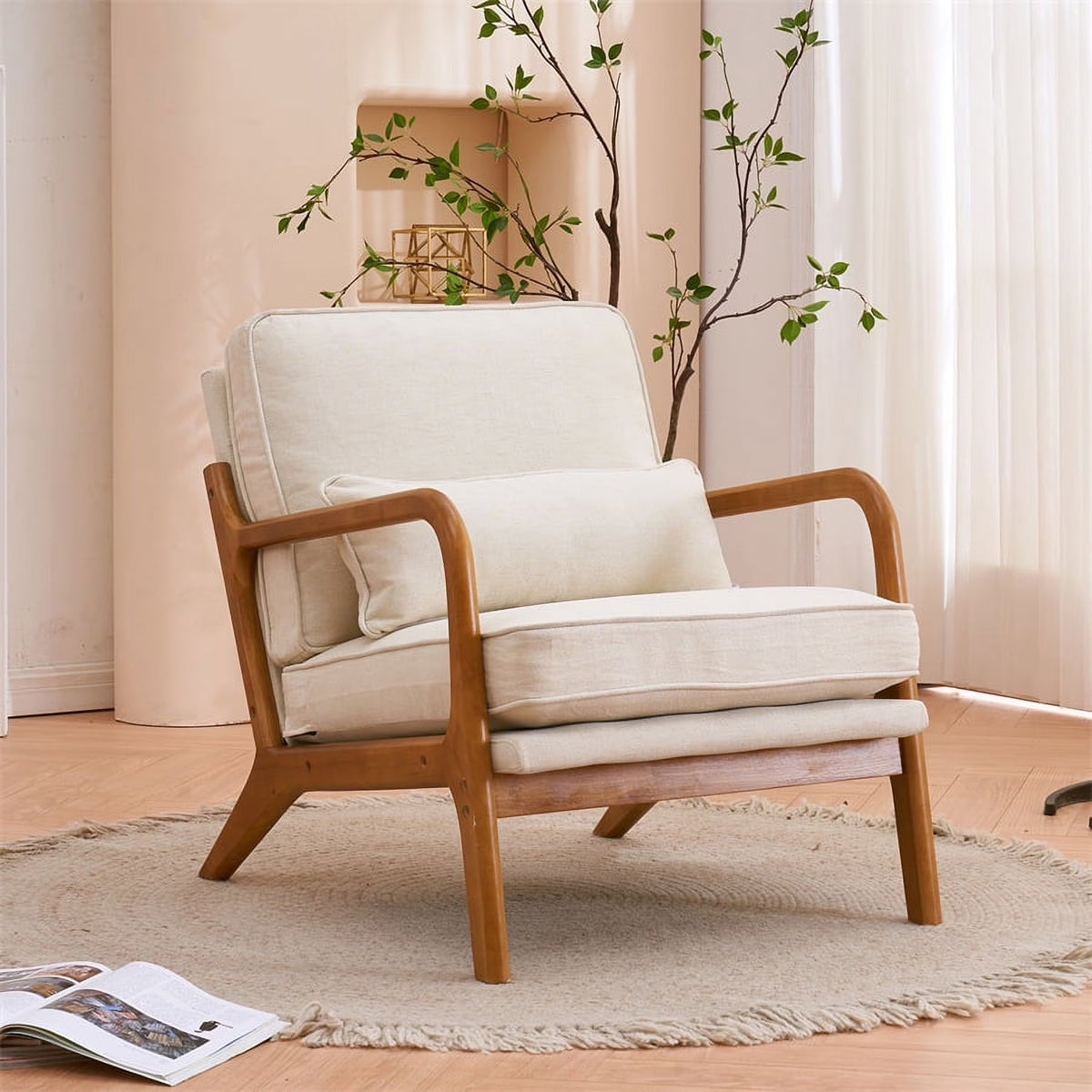 Modern Accent Chair, Upholstered Armchair with Wood Frame, Bronzing Cloth Single Sofa Chair with Lumbar Pillow for Living Room Bedroom Apartment, Orange