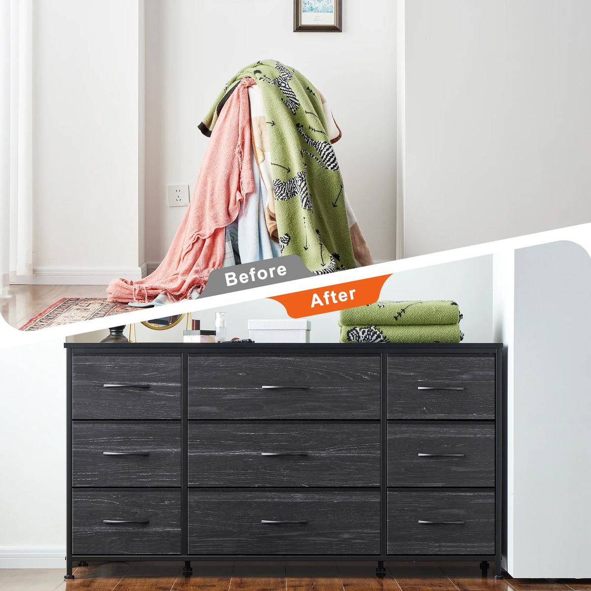 Wide Dresser TV Stand with 9 Drawers Dresser for Bedroom Chests of Drawers for Living Room, Black