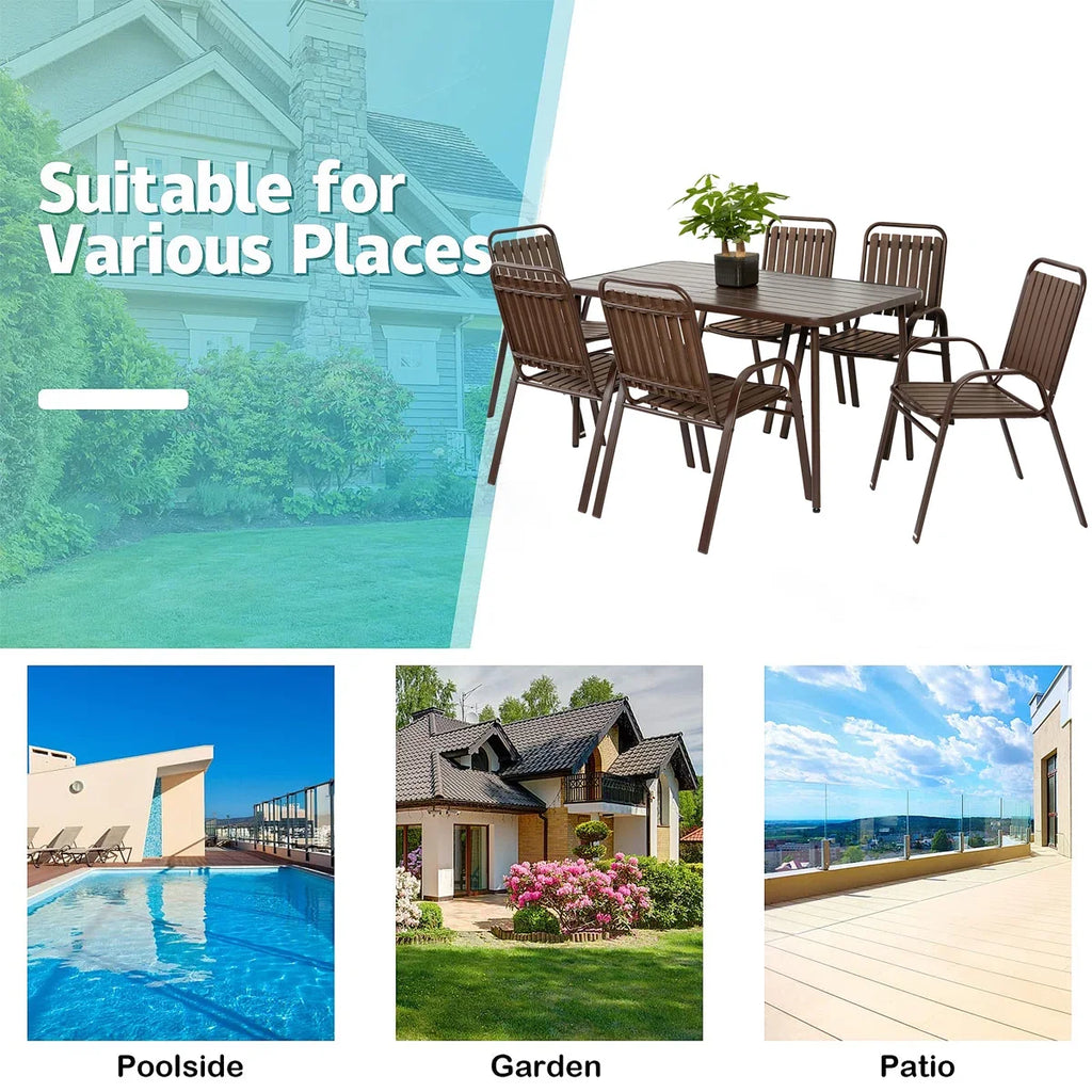 Seizeen Outdoor Dining Set for 6, Plastic Wood Patio Furniture Set with Steel Frame, Space-saving Dining Table and Chairs Stockable Design, All-weather Porch Garden Yard Conversation Furniture, Black