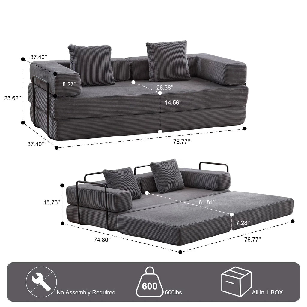 Taicans Convertible Floor Sofa Bed - 3 Seats Foldable Corduroy Futon Couch w/Pillow Support,Space-Saving Guest Bed for Living Room,Dorm,No Assembly Compressible Foam Mattress (Gray,76.7Inch L)