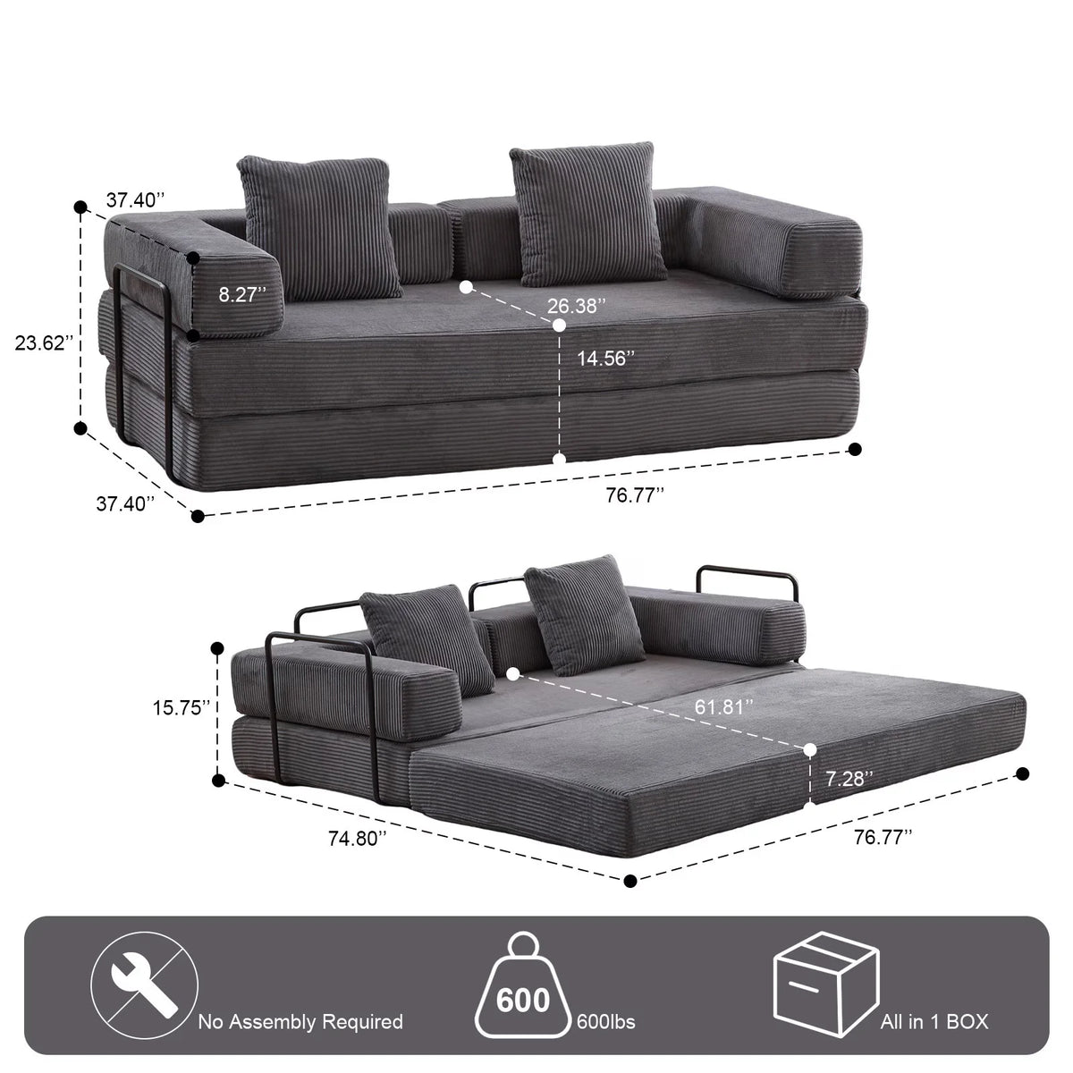 Taicans Convertible Floor Sofa Bed - 3 Seats Foldable Corduroy Futon Couch w/Pillow Support,Space-Saving Guest Bed for Living Room,Dorm,No Assembly Compressible Foam Mattress (Gray,76.7Inch L)