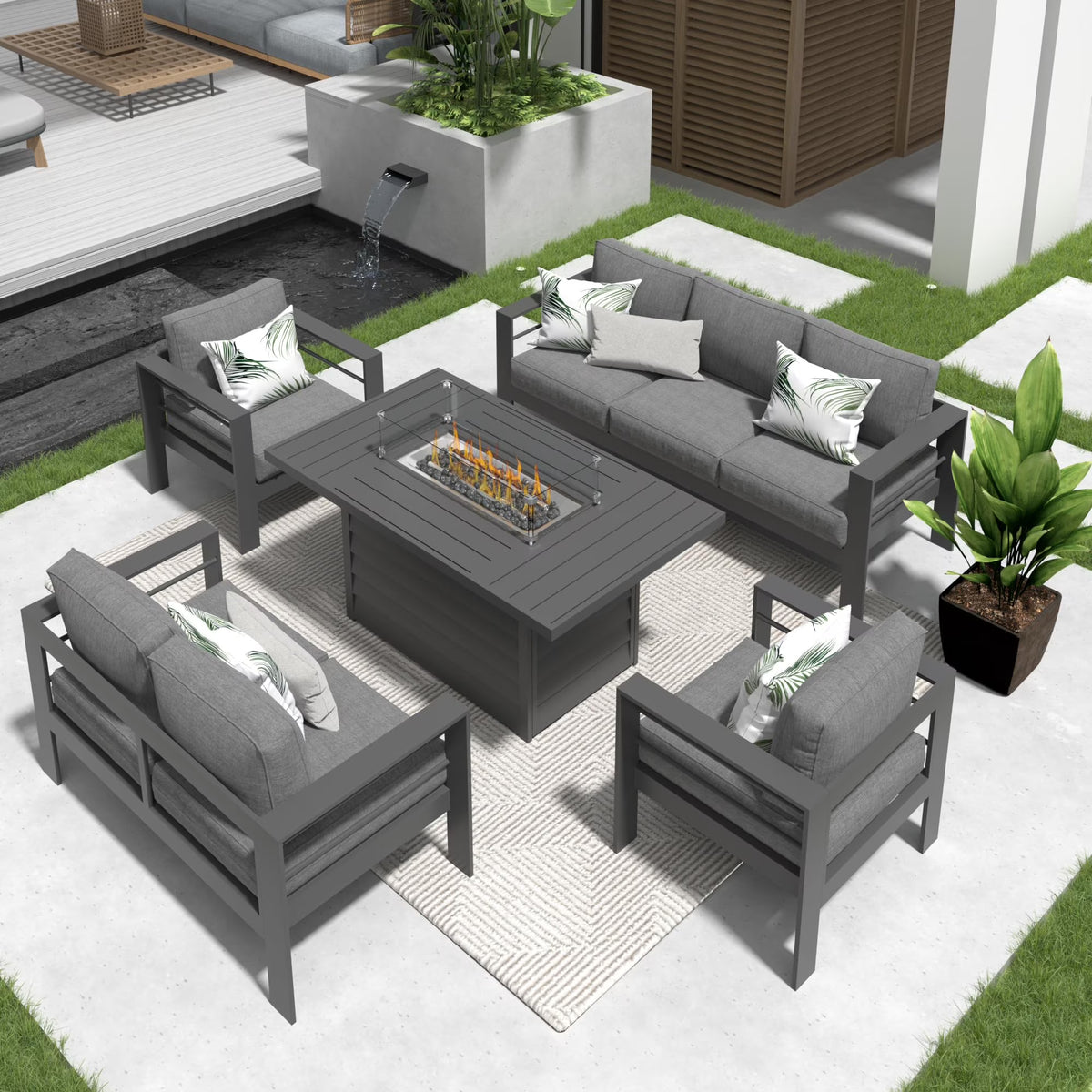 CozyHom 5 Pcs Outdoor Patio Aluminum Furniture Sofa Sets, Outside Patio Conversation Couch Sets With Table&Cushions for Garden Porch, Gray