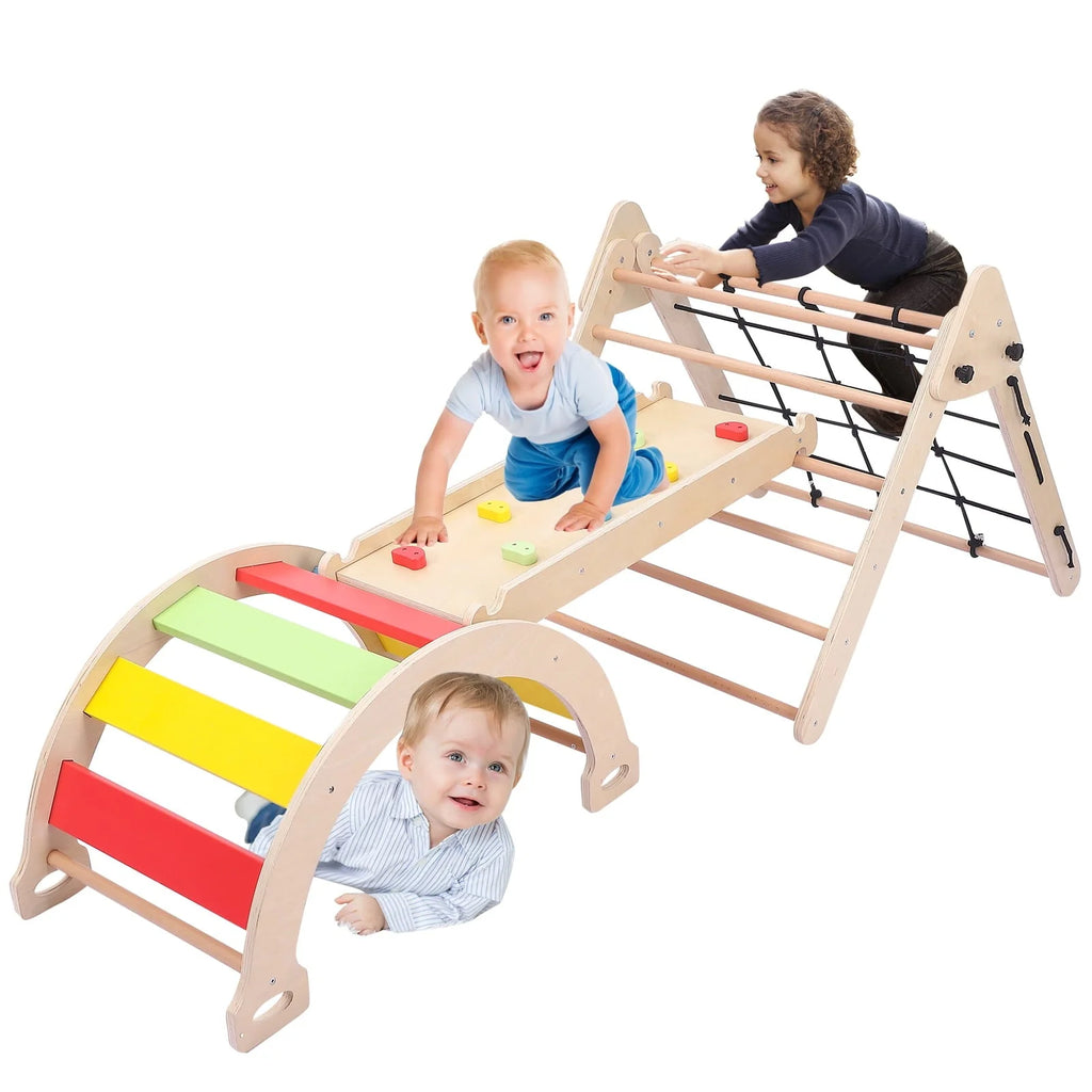 GymChoice Toddler Indoor Gym Playset,4 In 1 Pikler Triangle Gym,Foldable Climber with Ramp, Indoor Climbing Toys for Kids, Climbing Triangle for Toddlers Arch Climber, Rocker, 18M+