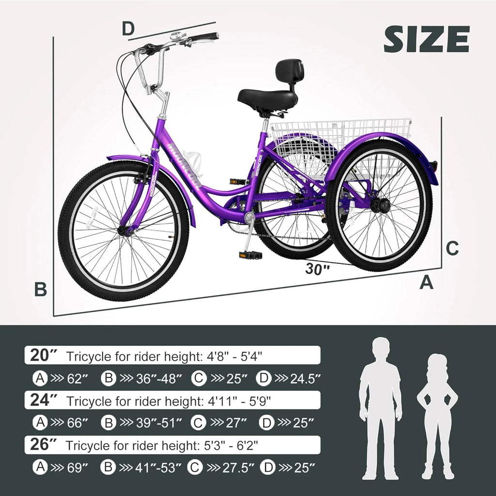 FICISOG 7 Speed Adult Tricycle for Women, 20/24/26 Inch Adult Trike with Basket, 3 Wheel Bikes for Adults Seniors, Cruise Trike for Shopping Picnic