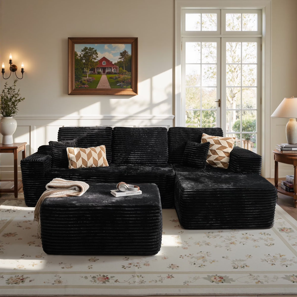 Ovios 106" L-Shaped Sectional Sofa Modern Modular Cloud Couch with Deep Seating Upholstered Sofa for Living Room Bedroom, No Assembly Required, Black(Corduroy)