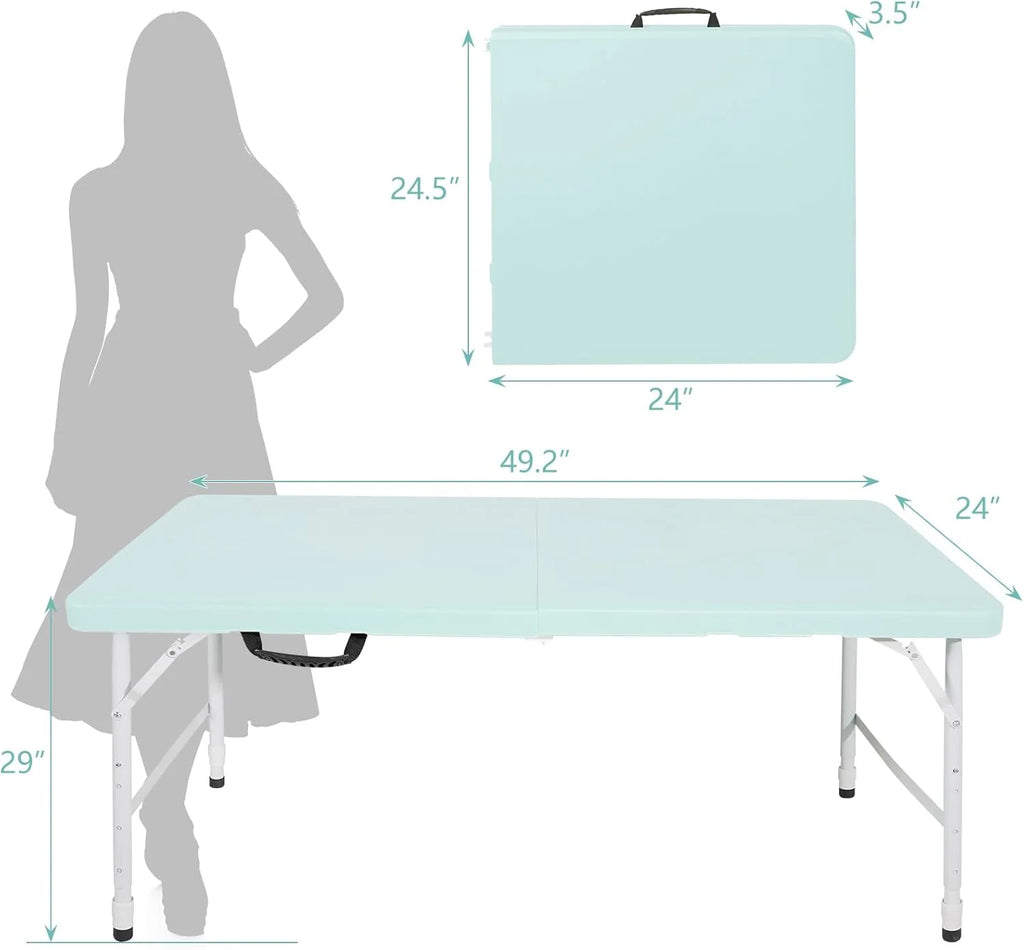 Folding Table with Carry Handle, Portable Fold-in-Half Plastic Table, Rectangle Foldable Table for Indoor