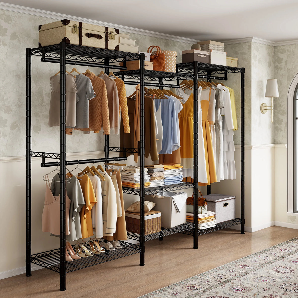 EnHomee 830 LBS Clothes Rack Heavy Duty Garment Rack with 4 Rods & 7 Shelves, Adjustable Metal Closet Organizer 77"H x 69"W x 16"D Black