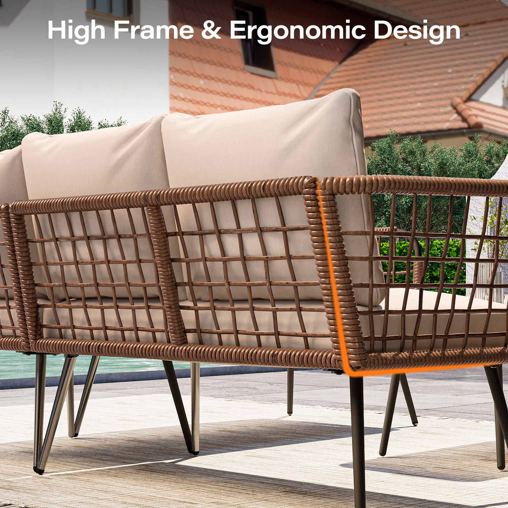 LAUSAINT HOME 4 Pieces Outdoor Conversation Sets, Patio Metal Frame Sofa with Wood Loveseat and Coffee Table, Beige Cushions