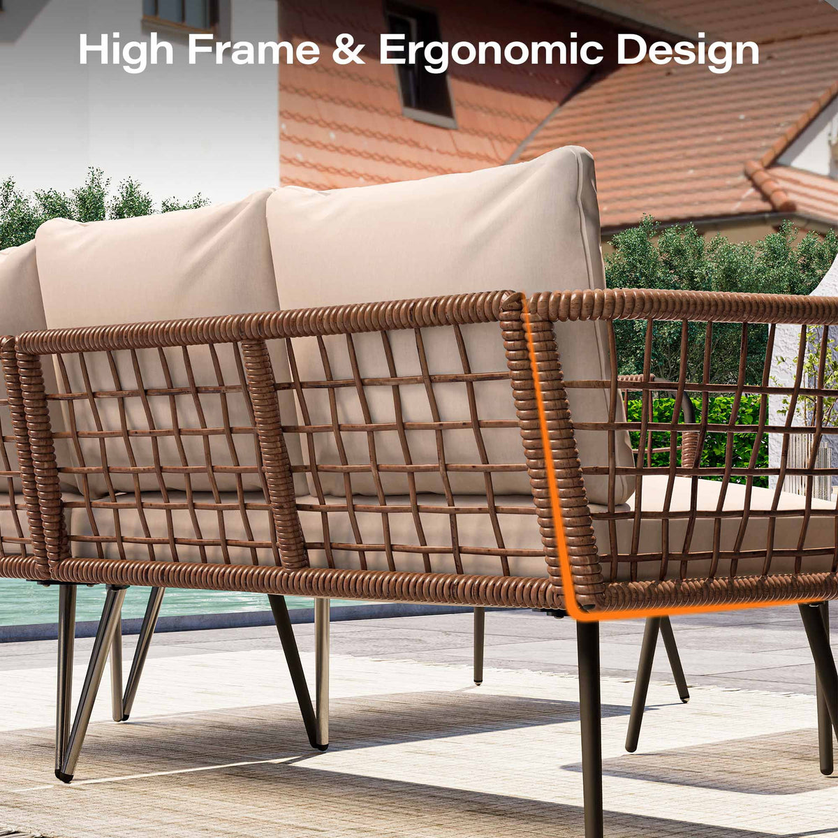 LAUSAINT HOME 4 Pieces Outdoor Conversation Sets, Patio Metal Frame Sofa with Wood Loveseat and Coffee Table, Beige Cushions