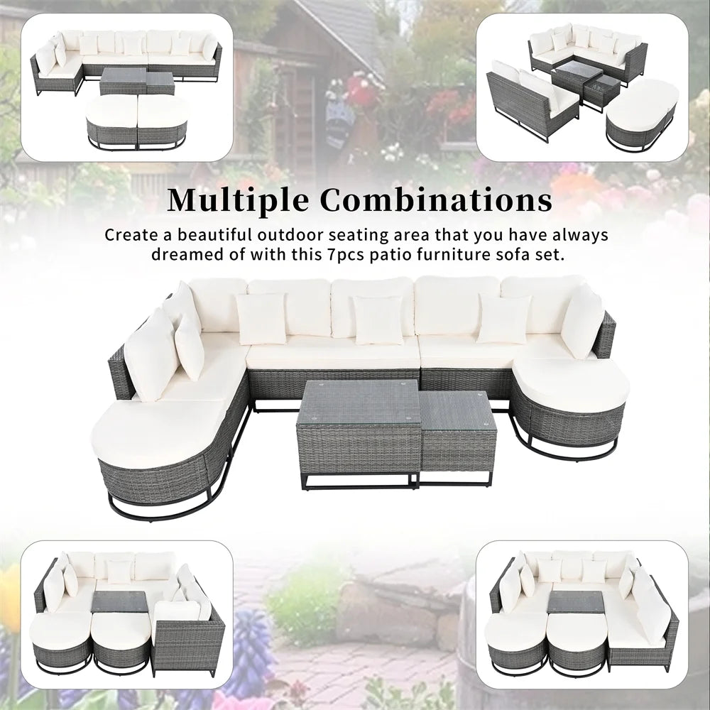 8 Pieces Outdoor Wicker Round Furniture Set, All Weather Half-Moon Sectional Patio Sofa Sets with Rectangular Coffee Table, Beige