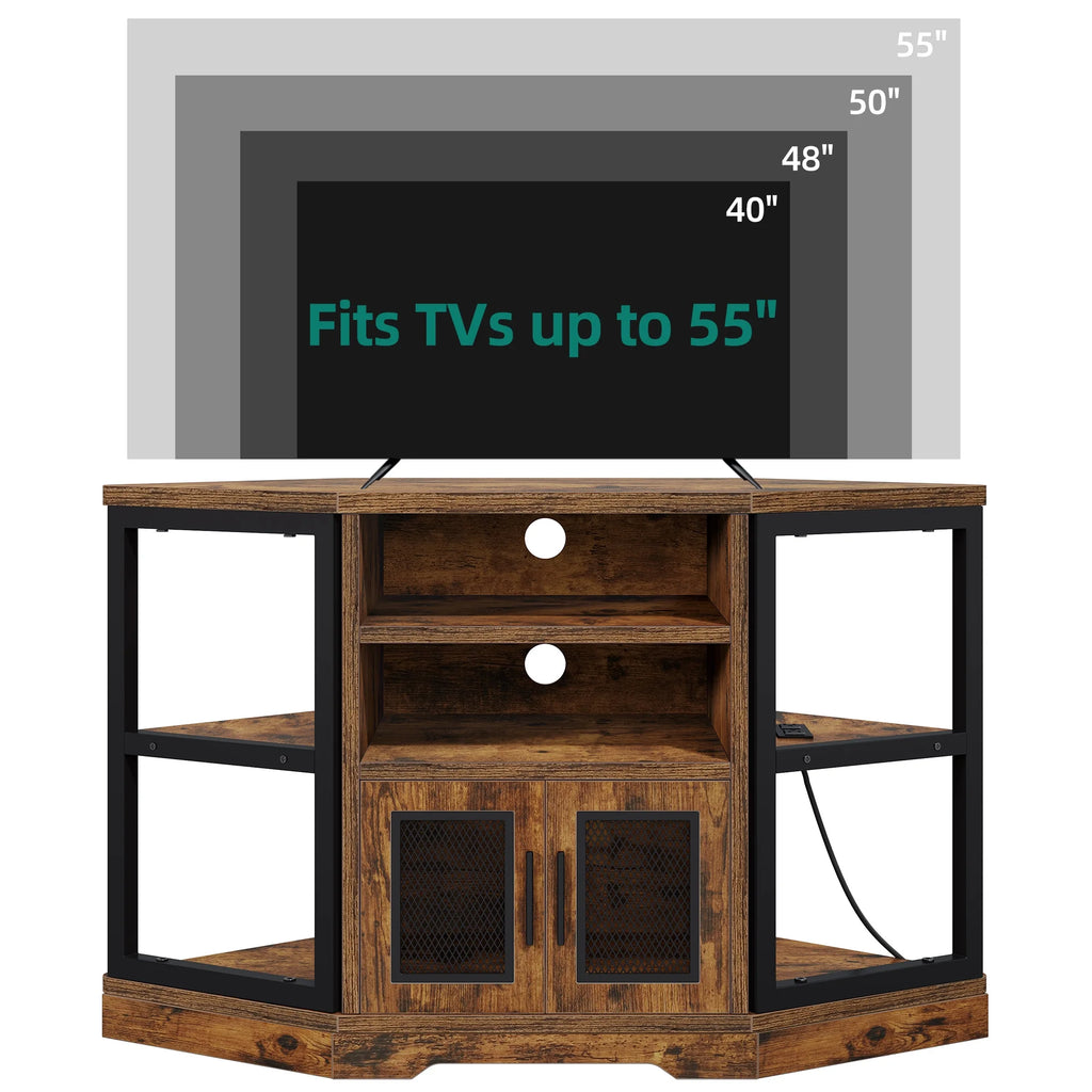 Dextrus Farmhouse Corner TV Stand for TVs up to 55 inch with Power Outlet, Wood Entertainment Center, TV Media Console with Storage, White Oak