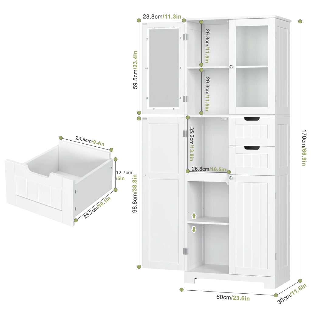 Homfa 67" Tall Bathroom Cabinet, White Linen Cabinet with Doors and Removable Drawers, Kitchen Cupboard