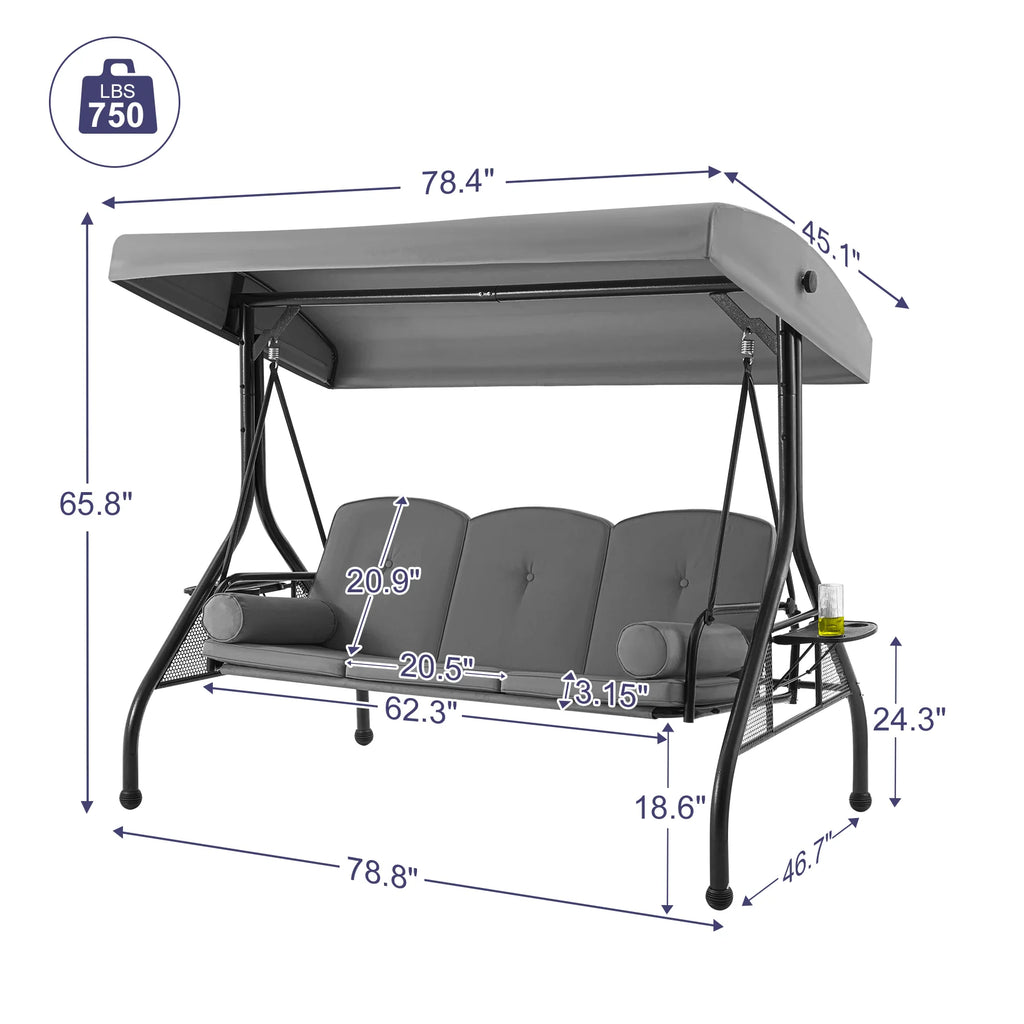 Homrest 3 Seat Outdoor Porch Swing with Adjustable Canopy, Cushions, and Cup Holder - Wine Red