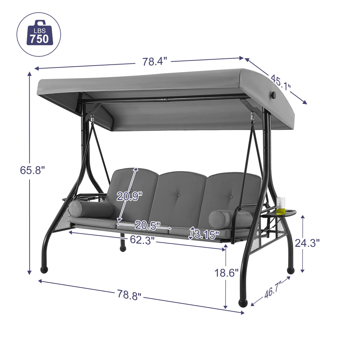 Homrest 3 Seat Outdoor Porch Swing with Adjustable Canopy, Cushions, and Cup Holder - Wine Red