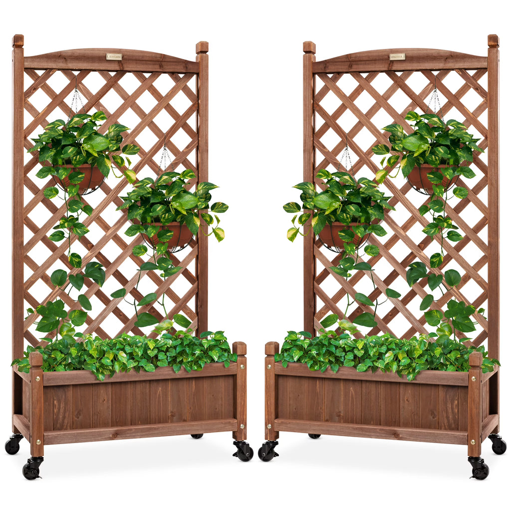 Best Choice Products 48in Mobile Wood Planter Box & Diamond Lattice Trellis, w/ Drainage Holes, Optional Wheels - Walnut