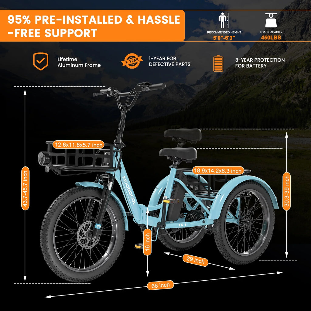 MOONCOOL TK1 Folding Electric Tricycle for Adults,48V 14.5Ah Removable battery, 500W（Peak 1000w）Motor, 20" Fat Tire Step-Thru 3Wheel Electric Bicycle w/Front&Rear Baskets, Certified to UL 2849 by SGS