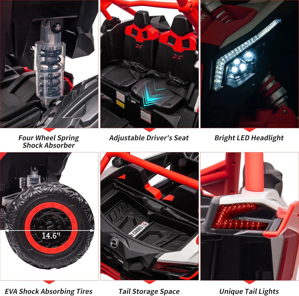 EastVita 2 Seats Ride on Ride on Car 200W Motors UTV,with Remote Control 23" Seats Width Electric Vehicle, EVA Wheels,Music,Head+Tail Light