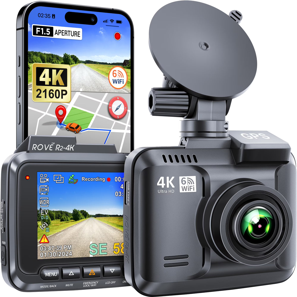 ROVE R2-4K Dash Cam Built-in WiFi 6 GPS Car Dashboard Camera Recorder with UHD 2160P, 2.4" IPS Screen, 150 Wide Angle, WDR, Night Vision