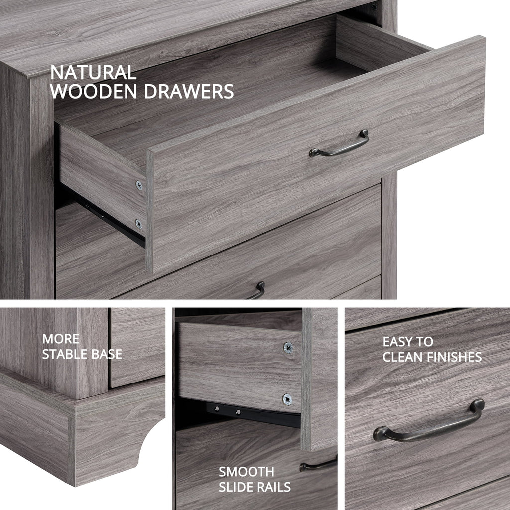 CHITOOMA 5 Drawer Dressers for Bedroom, Adult Tall Wooden Chest of Drawers, Storage Cabine for Living Room Entryway, Gray