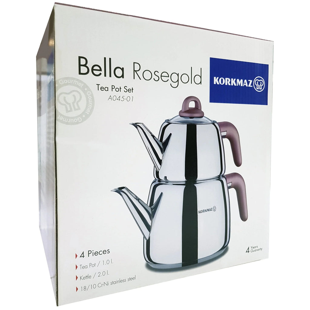Korkmaz A045 Bella Nora Turkish Teapot Set for Stovetop,  18/10 Stainless Steel Double Tea Maker with Bakalite Handles, Samovar Style Tea Kettle with 33.9 Oz ( 1000ml) & 67.7 Oz (2000ml)