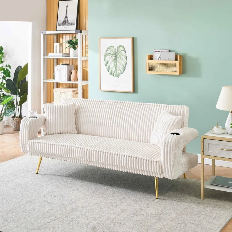 FFH Modern Corduroy Futon Sofa Bed with Adjustable Backrest,Convertible Loveseat Sleeper,Soft Couch with Drop-Down Table and Cup Holder for Living room,Pink