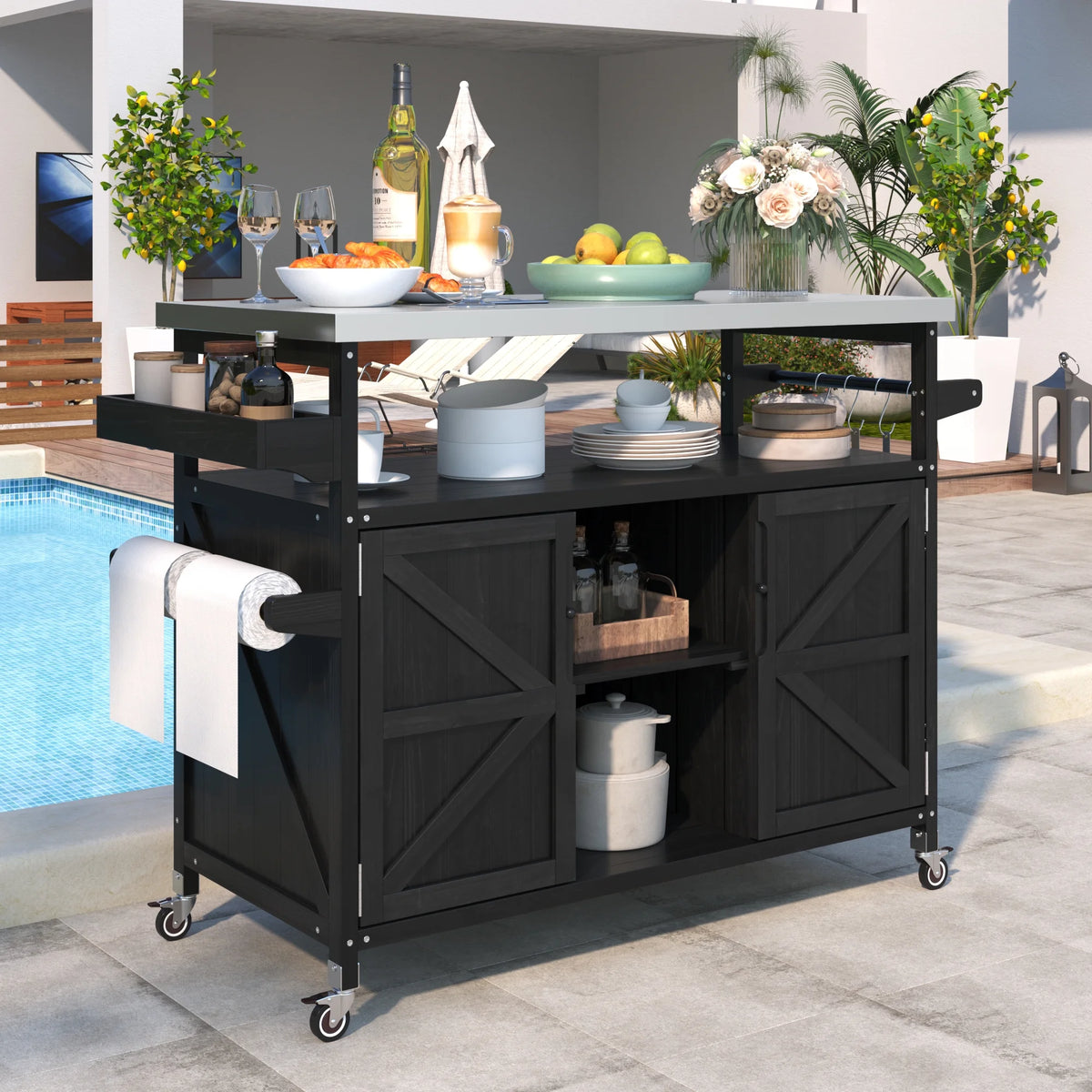 Outdoor Kitchen Island, Rolling Bar Cart & Storage Cabinet, Farmhouse Solid Wood Outdoor Grill Table with Stainless Steel Top, Spice Rack , Towel Rack for Kitchen & BBQ , Natural
