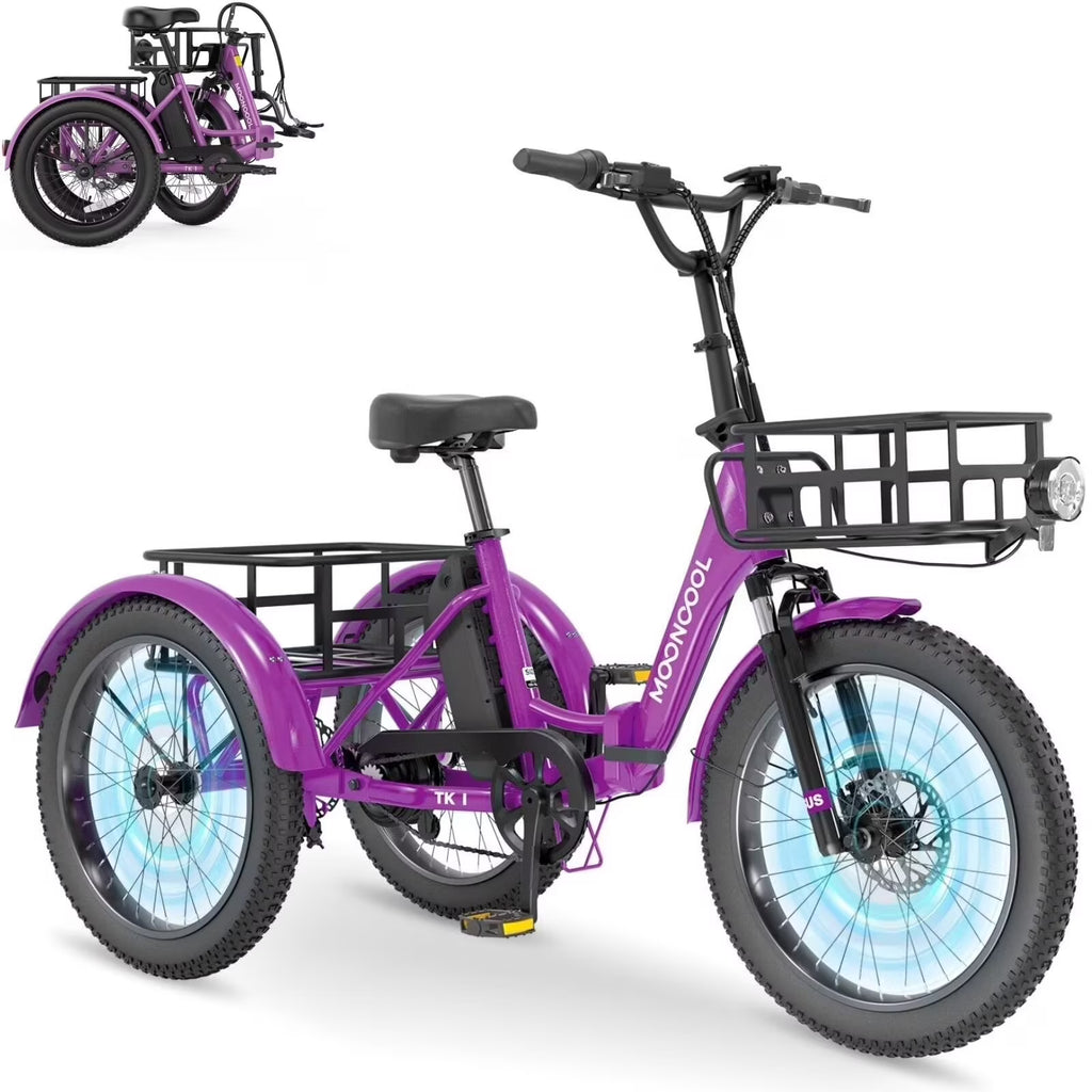 MOONCOOL TK1 Folding Electric Tricycle for Adults,48V 14.5Ah Removable battery, 500W Peak 1000w Motor, 20" Fat Tire Step-Thru 3Wheel Electric Bicycle w/Front&Rear Baskets, Certified to UL 2849 by SGS