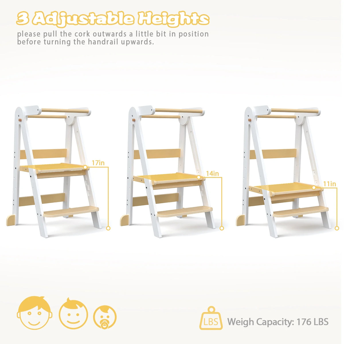 JOZ Kitchen Toddlers Step Stool, Montessori Kids Learning Stool, Foldable Toddler Tower for Counter, Standing Helper for Children, 3 Adjustable Heights, Wooden, White