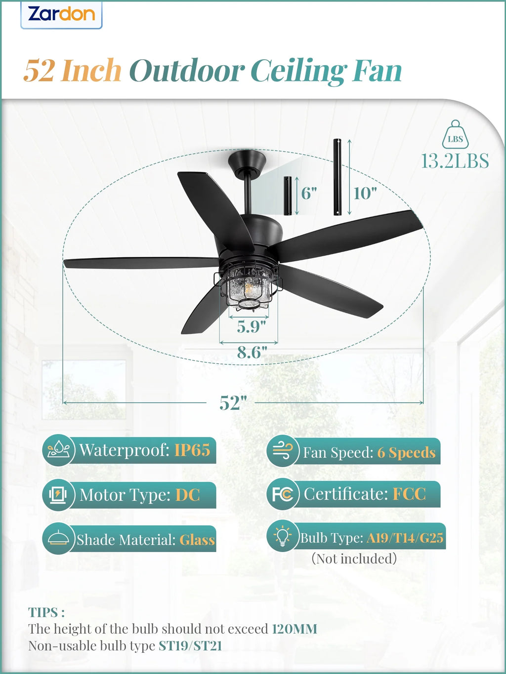 Zardon 20" Outdoor Ceiling Fan with Light and Remote, 7 Blades Caged Waterproof Gazebo Fan for Patio, Porch, Pergola Canopy, App Control