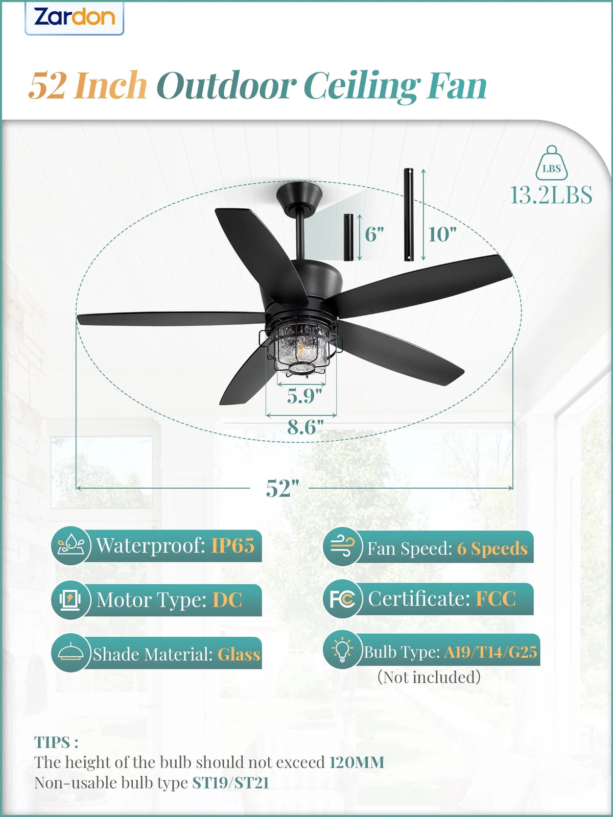 Zardon 20" Outdoor Ceiling Fan with Light and Remote, 7 Blades Caged Waterproof Gazebo Fan for Patio, Porch, Pergola Canopy, App Control