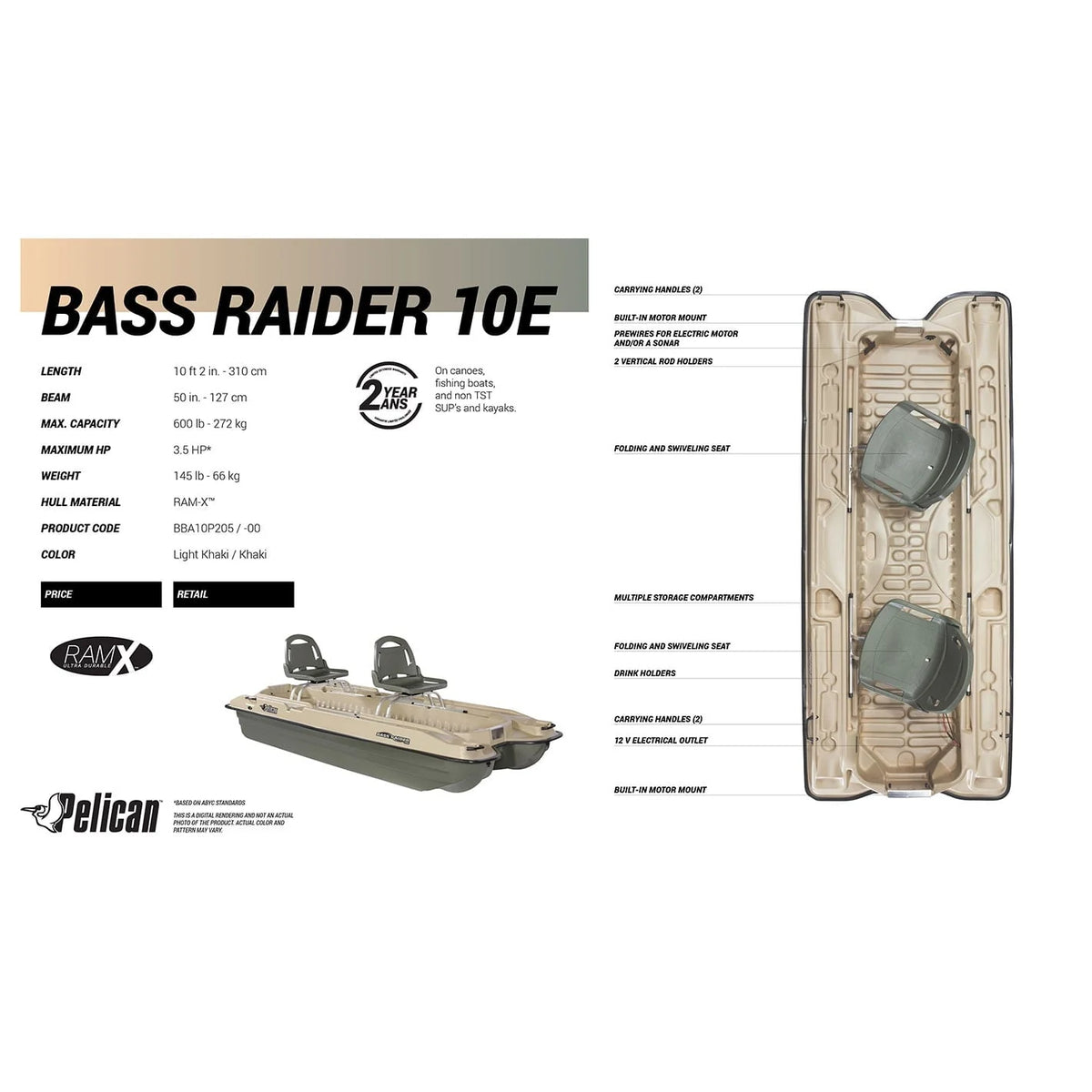 Pelican Bass Raider Boat - 2 person Fishing Boat - 10 ft
